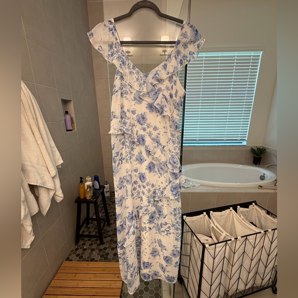 Joie White Dress with Blue Floral Print and Ruffle Detail